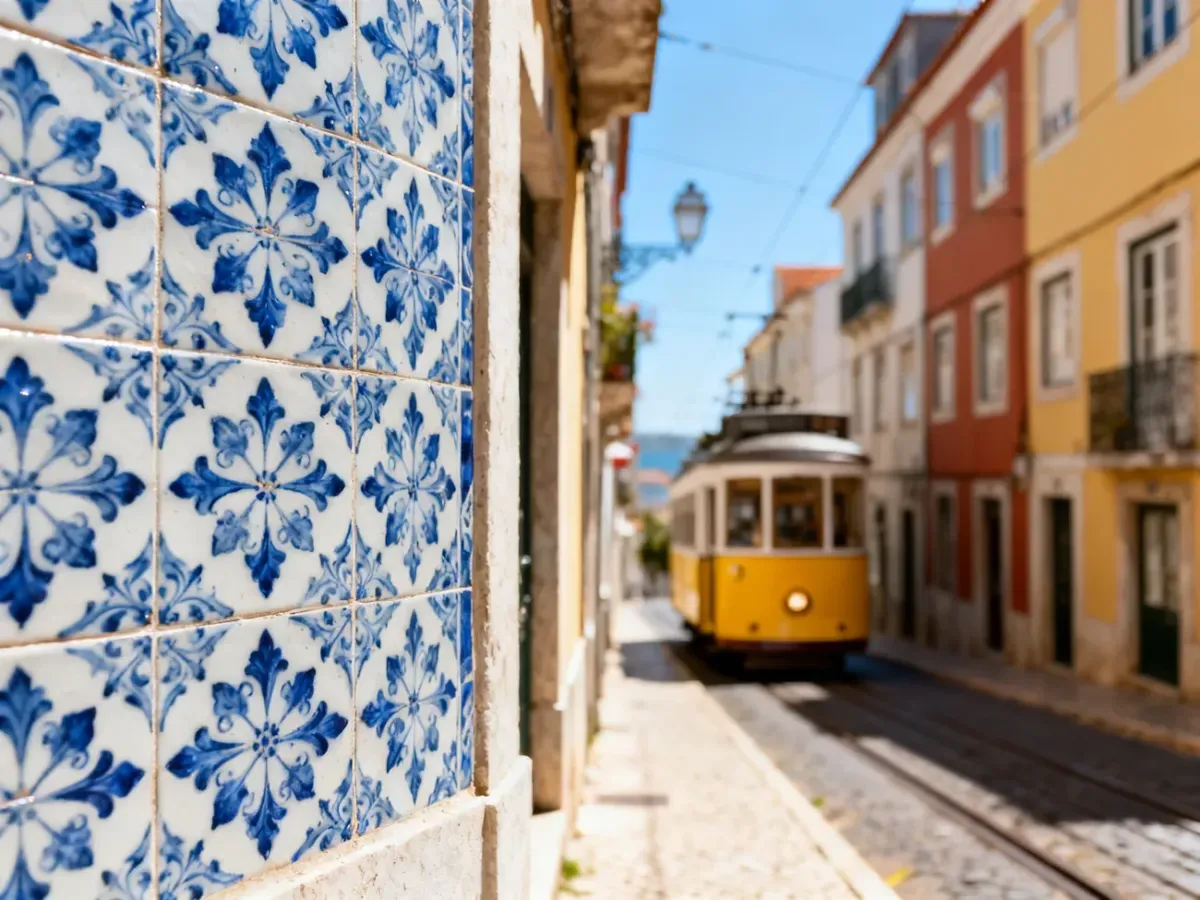 Tradycyjne niebiesko-białe płytki azulejo na ścianie w Lizbonie z rozmytym żółtym tramwajem w tle.