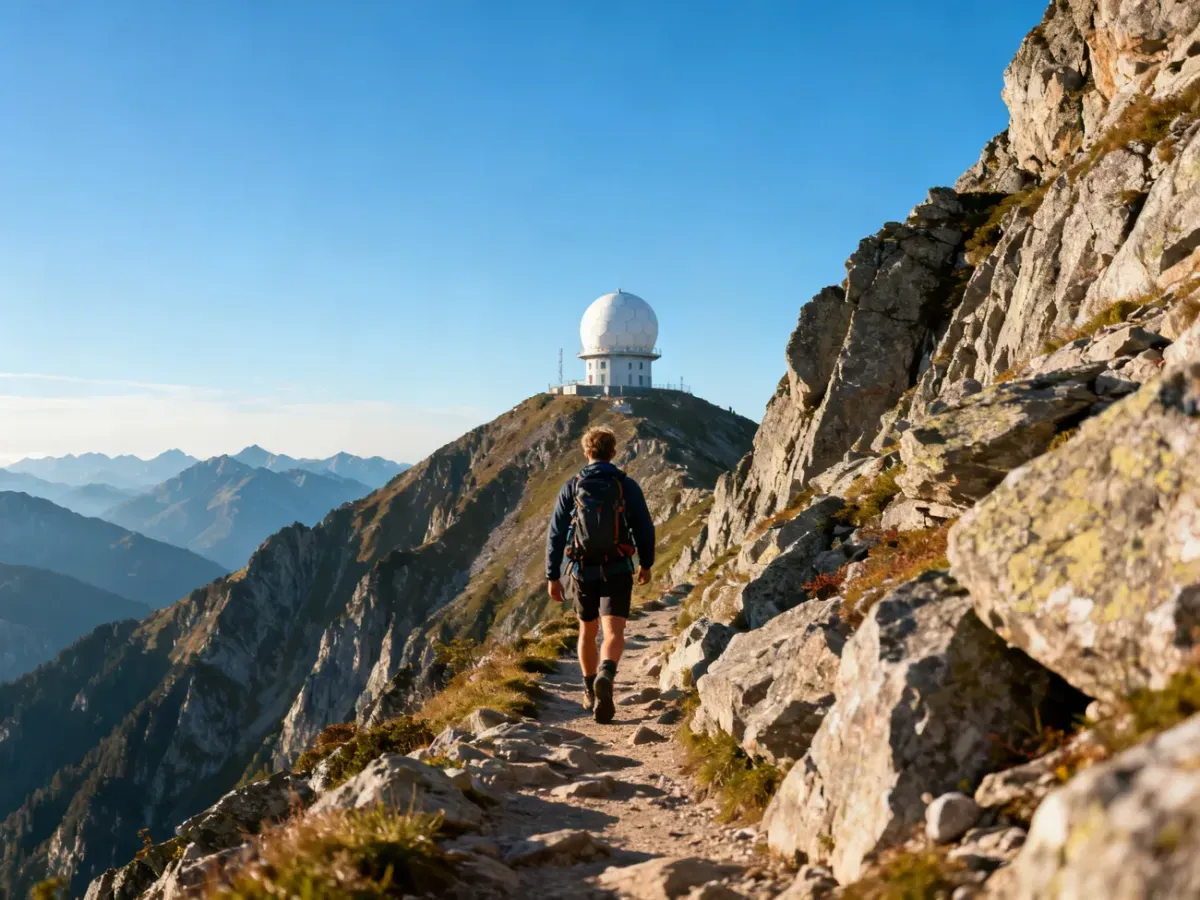 Turysta w stroju górskim wchodzi kamienistym szlakiem na szczyt Śnieżki z widocznym obserwatorium meteorologicznym.