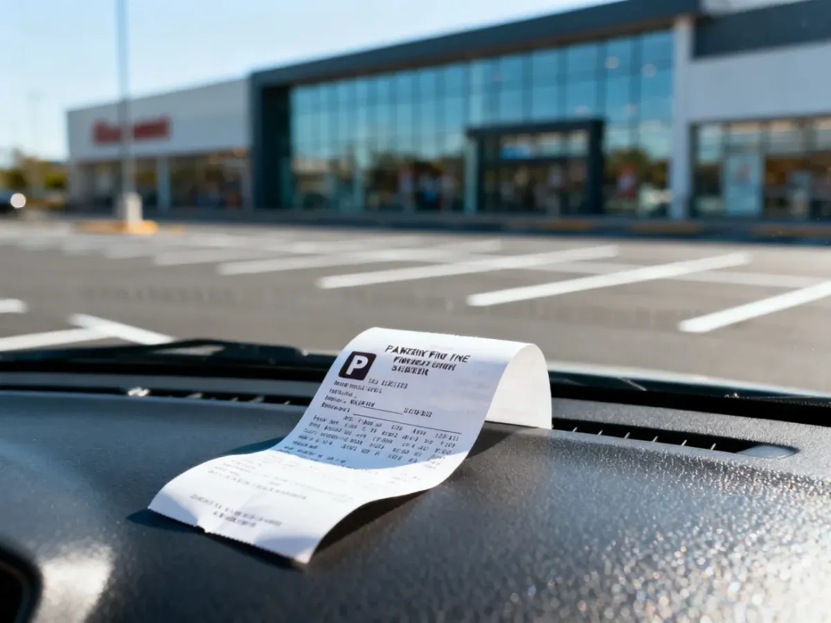 Mandat za brak biletu parkingowego pozostawiony na desce rozdzielczej samochodu przed centrum handlowym.