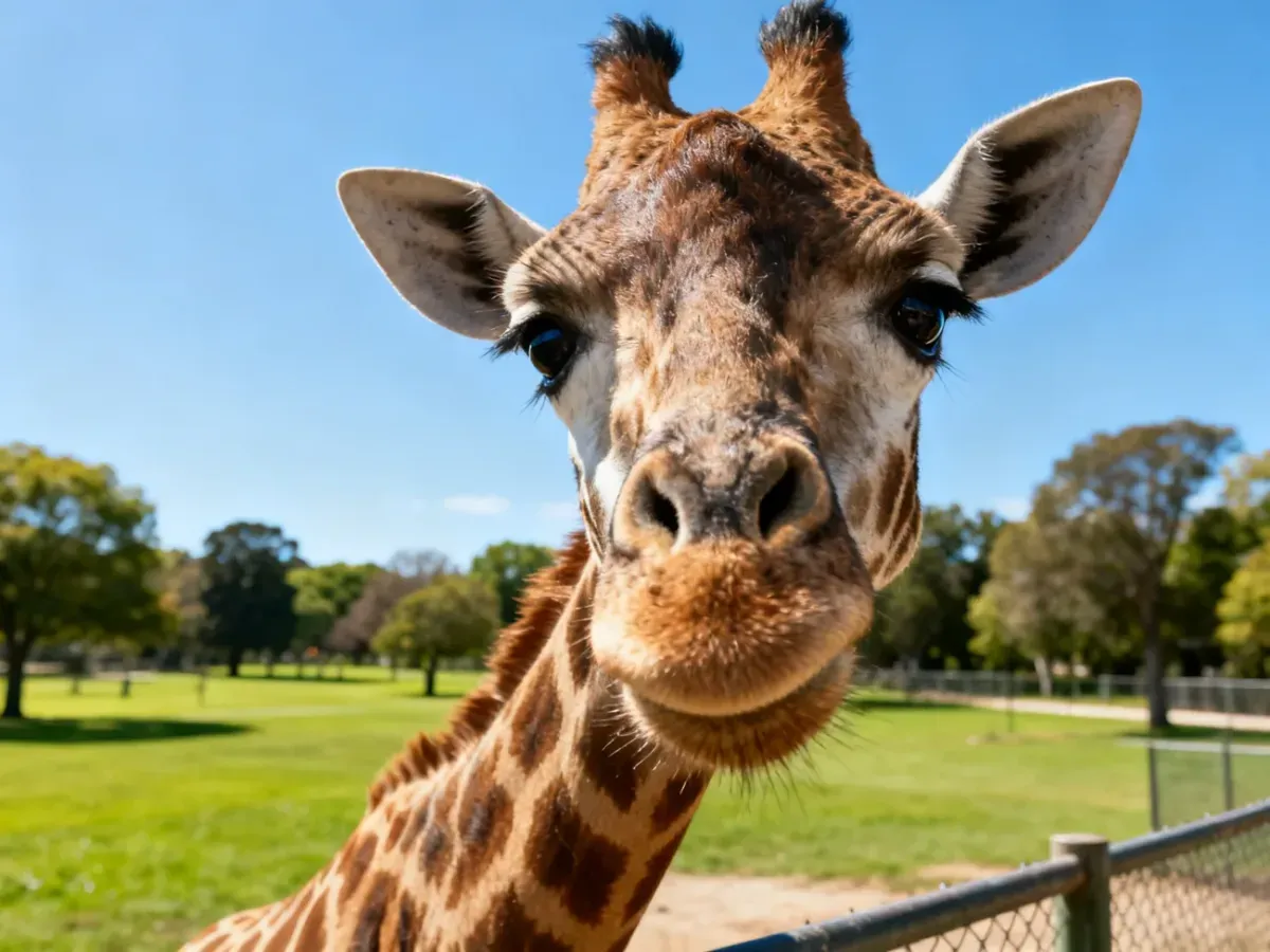 Żyrafa z bliska w słonecznym wybiegu krakowskiego ogrodu zoologicznego.