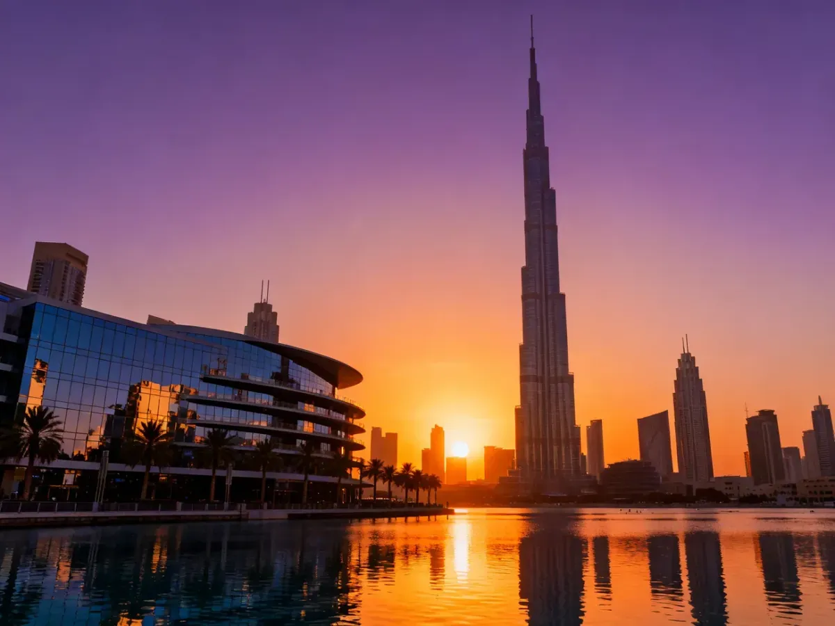 Burj Khalifa górujący nad panoramą Dubaju podczas zachodu słońca, z nowoczesnym nabrzeżem na pierwszym planie.