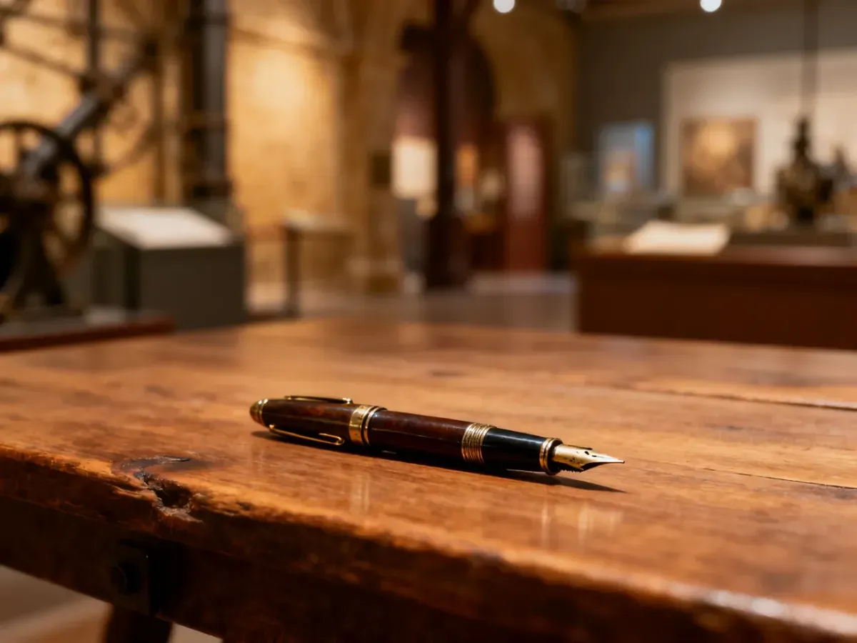 Wieczne pióro na drewnianym stole na tle rozmytej ekspozycji historycznej, nawiązującej do klimatu muzeum.