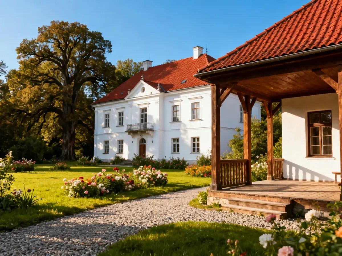 Tradycyjny polski dworek z białą elewacją i czerwonym dachem, otoczony bujnym, słonecznym ogrodem.