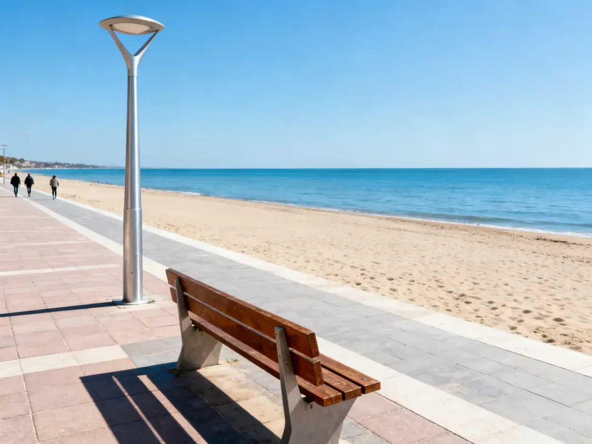Słoneczny deptak w Sarbinowie z widokiem na spokojne morze i piaszczystą plażę w słoneczny dzień.