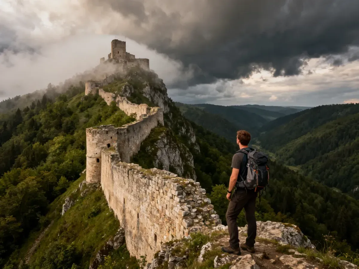 Turysta w stroju trekkingowym podziwia monumentalne mury Twierdzy Srebrna Góra otoczonej mglistymi, zielonymi wzgórzami.