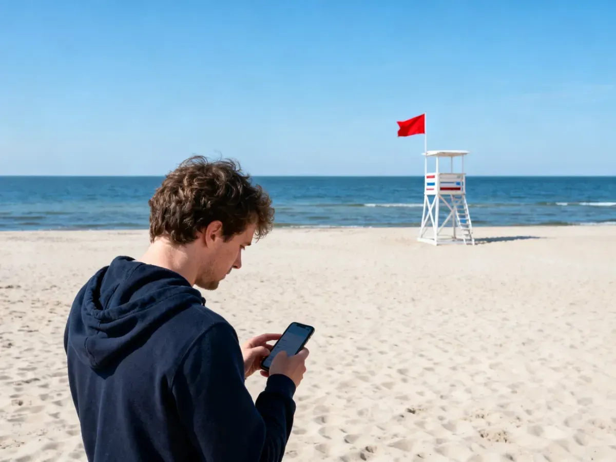 Osoba na plaży sprawdza w smartfonie informacje o stanie kąpieliska, w tle widać czerwoną flagę na wieży ratowniczej.
