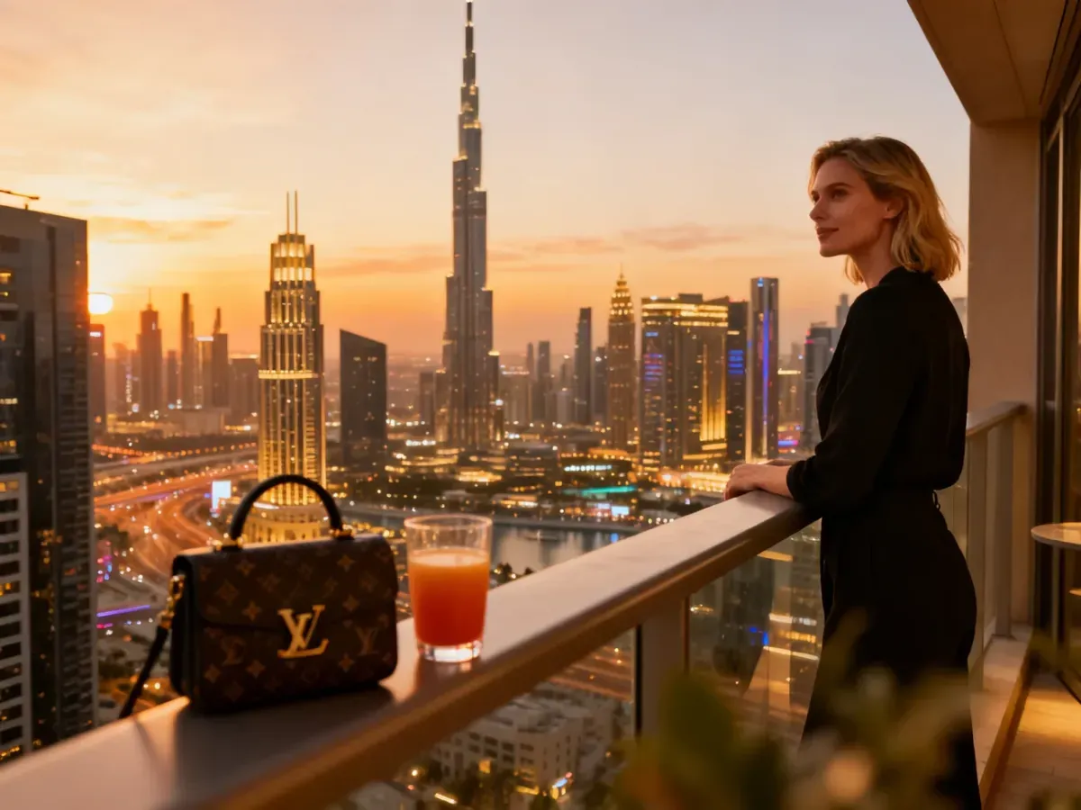 Kobieta podziwiająca panoramę Dubaju z balkonu luksusowego hotelu podczas zachodu słońca.