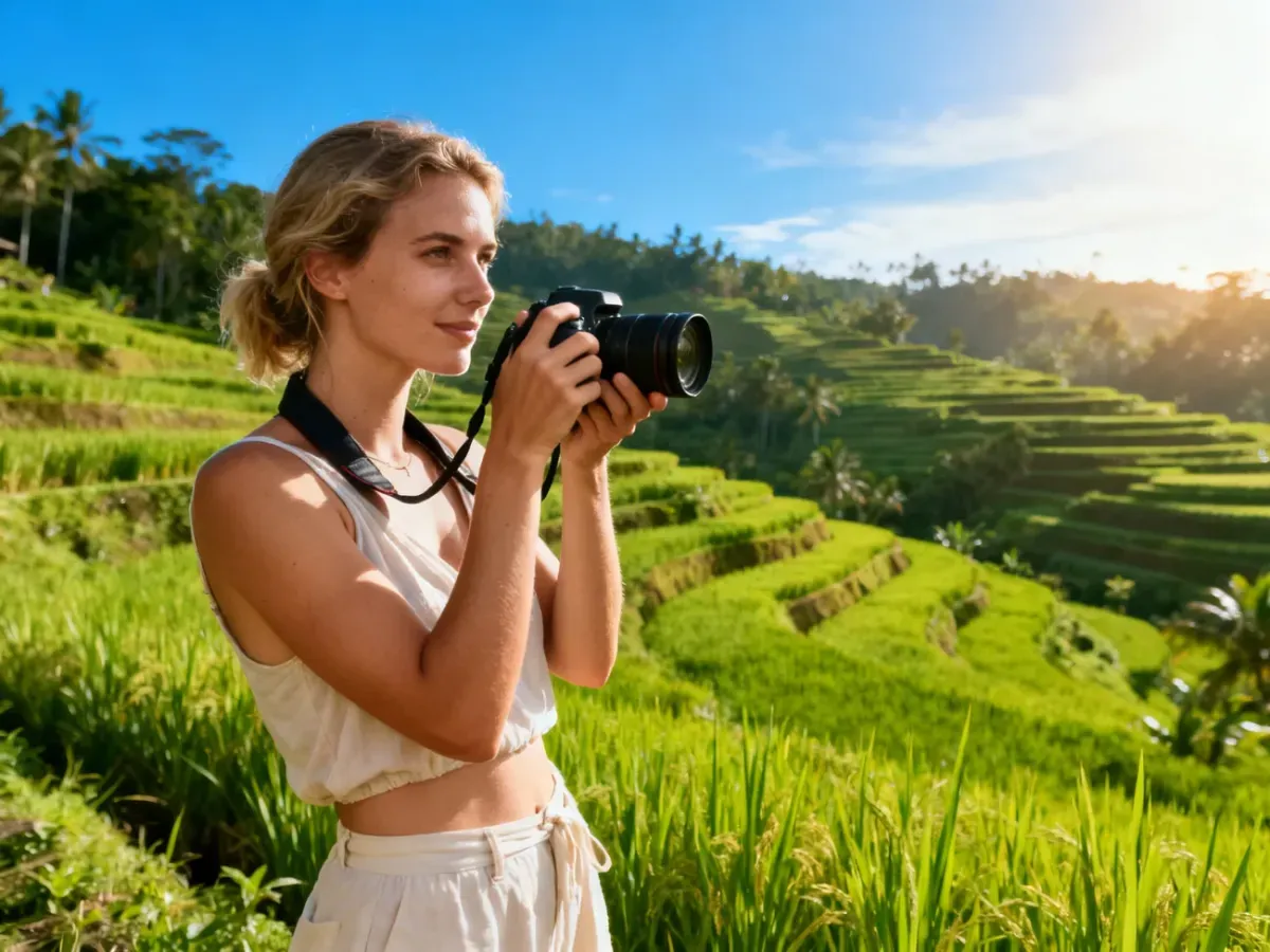 Podróżniczka fotografująca malownicze tarasy ryżowe na Bali w słoneczny dzień.