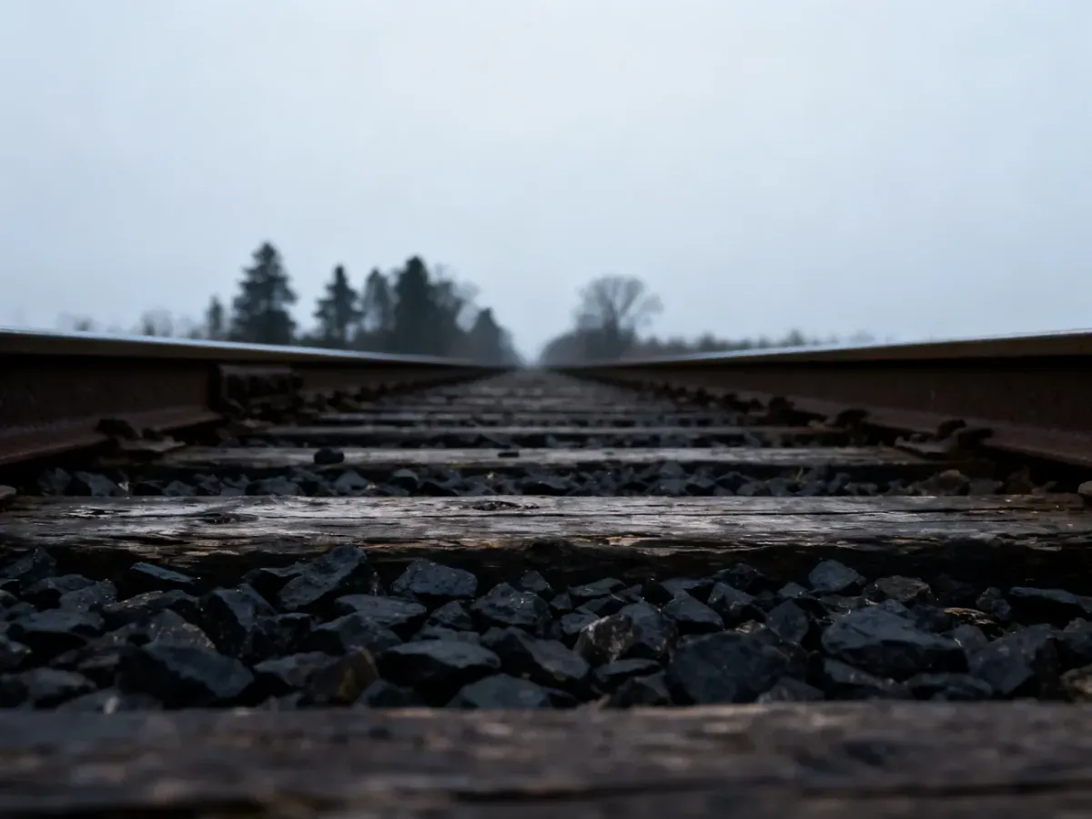 Stare tory kolejowe prowadzące w głąb terenu byłego obozu Auschwitz, symbolizujące historię i pamięć o ofiarach.