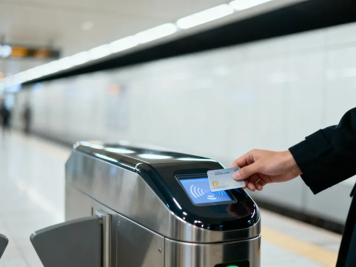 Dłoń zbliżająca kartę miejską do nowoczesnego kasownika w warszawskim metrze.